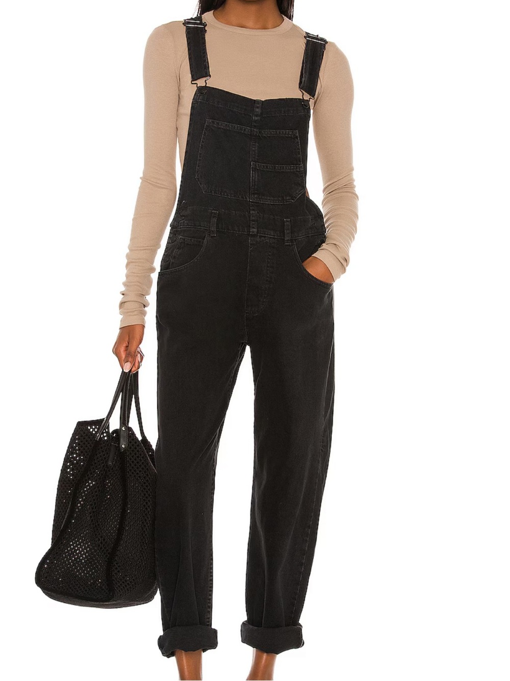 Free People Black Denim Overalls